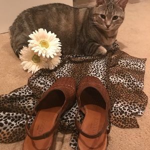 Brown woven leather sling back mules